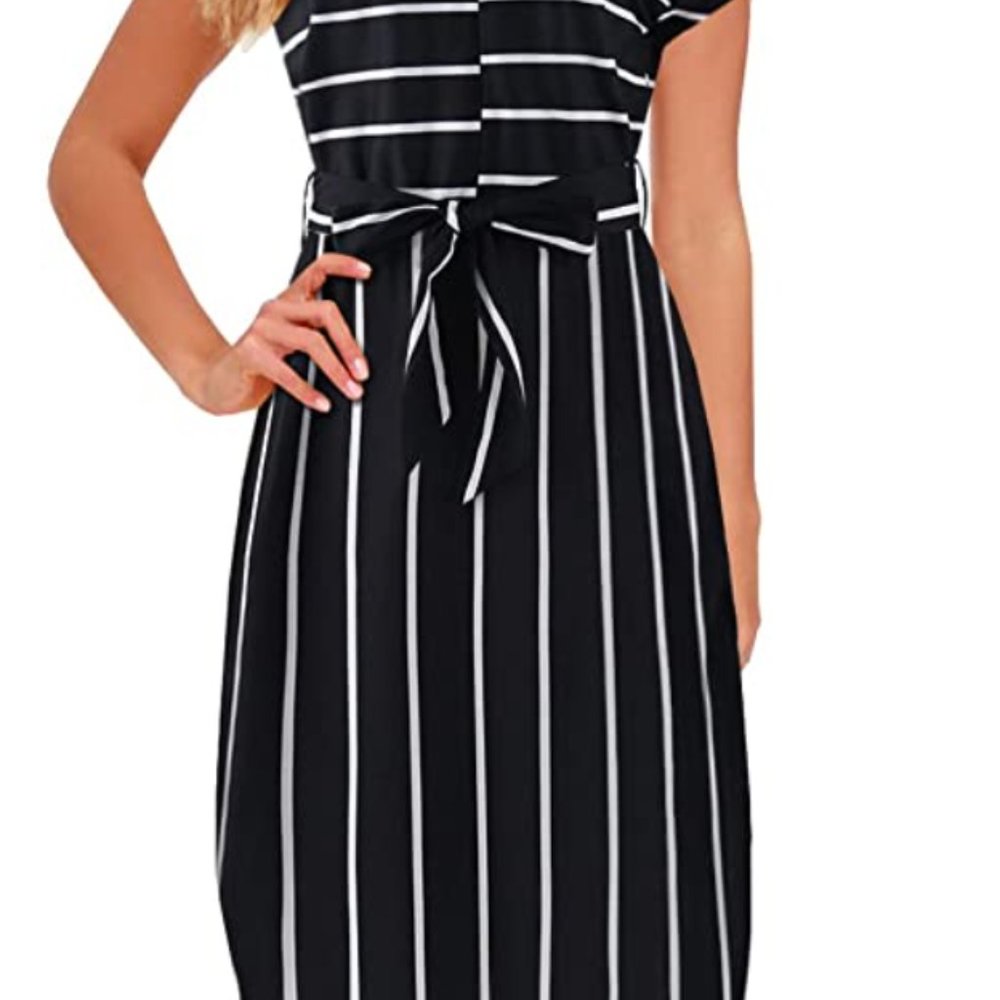 Midi Dresses Side Slit Floral Print Loose Casual Long Dress with Belt
